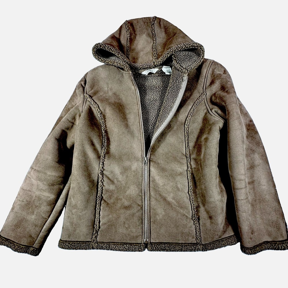 LL Bean Womens XL Brown Faux Suede Sherpa Lined Hooded Jacket Teddy Coat Country